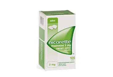Nicotine içeren NICORETTE FRESHMINT 2 MG NANELI SAKIZ, 10 ADET ambalajı. Üretici: JNTL TURKEY TÜKETİCİ SAĞLIĞI LTD. ŞTİ.