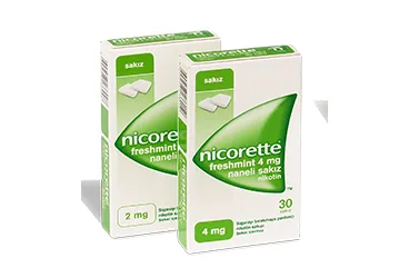 Nicotine içeren NICORETTE FRESHMINT 4 MG NANELI SAKIZ, 10 ADET kutusu. Üretici: JNTL TURKEY TÜKETİCİ SAĞLIĞI LTD. ŞTİ.