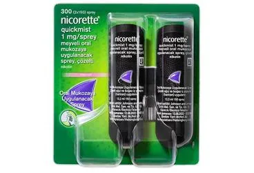 Nikotin içeren çözelti: NICORETTE QUICKMIST 1 MG/SPREY MEYVELI ORAL MUKOZAYA UYGULANACAK SPREY, COZELTI (2 ADET) ürün ambalajı. Üretici: JNTL TURKEY TÜKETİCİ SAĞLIĞI LİMİTED ŞİRKETİ.