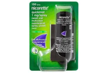 Nikotin içeren çözelti: NICORETTE QUICKMIST 1 MG/SPREY NANELI ORAL MUKOZAYA UYGULANACAK SPREY, COZELTI (1 SISE) ambalajı. Üretici: JNTL TURKEY TÜKETİCİ SAĞLIĞI LİMİTED ŞİRKETİ.