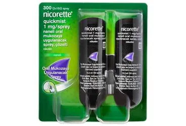 NICORETTE QUICKMIST 1 MG/SPREY NANELI ORAL MUKOZAYA UYGULANACAK SPREY, COZELTI (2 SISE) kutusu, çözelti formunda nikotin içerir. Üretici: JNTL TURKEY TÜKETİCİ SAĞLIĞI LİMİTED ŞİRKETİ.