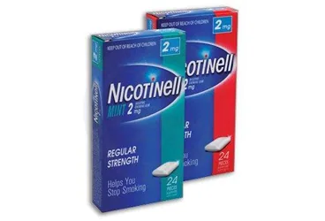 NICOTINELL 2 MG NIKOTIN ICEREN MEYVELI SAKIZ kutusu. Etkin maddesi nikotin. Üretici: GLAXOSMITHKLINE TÜKETİCİ SAĞLIĞI ANONİM ŞİRKETİ.