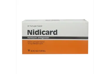 NIDICARD 10 MG 30 KAPSÜL kutu fotoğrafı. Nifedipin içeren kapsül. Üretici: KOÇAK FARMA İLAÇ VE KİMYA SANAYİ A.Ş.