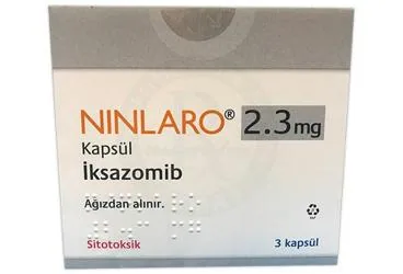 Iksazomib içeren kapsül: NINLARO 2,3 MG 3 KAPSUL ürün ambalajı. Üretici: TAKEDA İLAÇ SAĞLIK SANAYİ TİCARET LTD.ŞTİ.