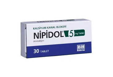 Amlodipin içeren tablet: NIPIDOL 5 MG 30 TABLET kutusu. Üretici: BİOFARMA İLAÇ SANAYİ VE TİCARET A.Ş.