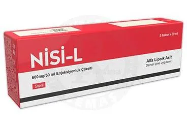 Tioctic acid içeren çözelti: NISI-L 600 MG/50 ML ENJEKSIYONLUK ÇOZELTI (5 FLAKON) ürün ambalajı. Üretici: WORLD MEDICINE OPHTHALMICS İLAÇLARI LİMİTED ŞİRKETİ.
