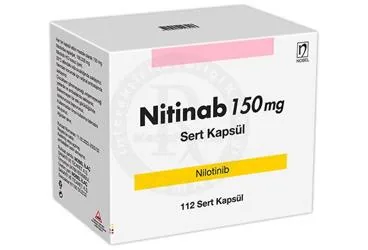 NITINAB 150 MG SERT KAPSUL (112 KAPSUL) (nilotinib) ürün ambalajı, kapsül. Üretici: NOBEL İLAÇ SAN. VE TİC. A.Ş.