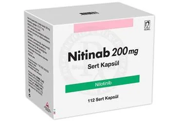 NITINAB 200 MG SERT KAPSUL (112 KAPSUL) kutusu. Nilotinib içeren kapsül. Üretici: NOBEL İLAÇ SAN. VE TİC. A.Ş.