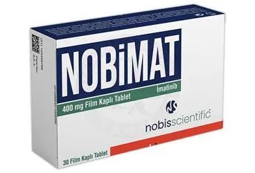 Imatinib içeren film kaplı tablet: NOBIMAT 400 MG FILM KAPLI TABLET (30 ADET) ambalajı. Üretici: NOBİS SCİENTİFİC İLAÇ SANAYİ VE TİCARET ANONİM ŞİRKETİ.
