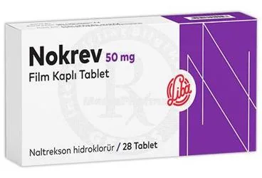 NOKREV 50 MG FILM KAPLI TABLET ambalajı. Naltrexone içeren film kaplı tablet. Üretici: LİBA LABORATUARLARI A.Ş.
