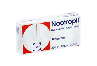 Pirasetam içeren film kaplı tablet: NOOTROPIL 800 MG 30 FİLM TABLET ürün ambalajı. Üretici: UCB PHARMA A.Ş.