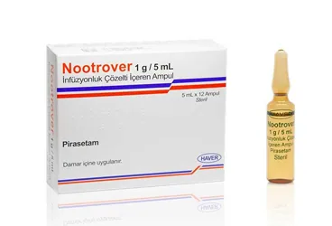 NOOTROVER 1G/5 ML INFUZYONLUK COZELTI ICEREN 12 AMPUL ambalajı, çözelti formunda pirasetam içerir. Üretici: HAVER FARMA İLAÇ ANONİM ŞİRKETİ.