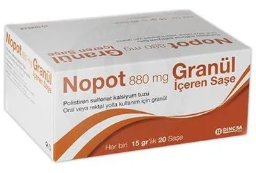 NOPOT 880 MG/ 1 G GRANUL (20 SASE) (polistiren sülfonat) kutusu, saşe. Üretici: DİNÇSA İLAÇ SAN. VE TİC. A.Ş.