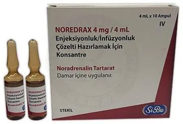 Noradrenalin içeren çözelti: NOREDRAX 4MG/4ML ENJEKSIYONLUK/INFUZYONLUK COZELTI HAZIRLAMAK ICIN KONSANTRE ambalajı. Üretici: SİBU PHARM İLAÇ SANAYİ VE DIŞ TİCARET ANONİM ŞİRKETİ.
