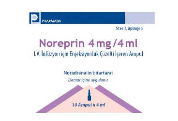 NOREPRIN 4 MG/4 ML IV INFUZYON ICIN ENJEKSIYONLUK COZELTI ICEREN 10 AMPUL (noradrenalin) kutusu, çözelti. Üretici: PHARMADA İLAÇ SANAYİ VE TİCARET A.Ş.