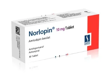 Amlodipin içeren tablet: NORLOPIN 10 MG 90 TABLET ürün ambalajı. Üretici: SABA İLAÇ SANAYİ VE TİCARET A.Ş.