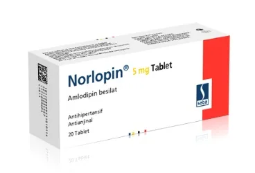 Amlodipin içeren tablet: NORLOPIN 5 MG 90 TABLET ürün ambalajı. Üretici: SABA İLAÇ SANAYİ VE TİCARET A.Ş.