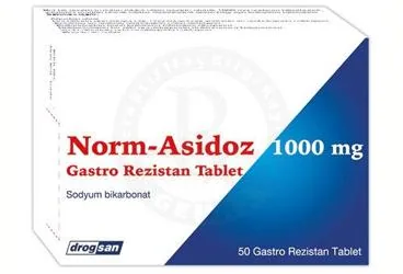 NORM-ASIDOZ 1000 MG GASTRO REZISTAN TABLET ambalajı, tablet formunda sodyum bikarbonat içerir. Üretici: DROGSAN İLAÇLARI SAN. VE TİC. A.Ş.