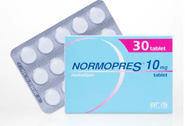 Amlodipine içeren tablet: NORMOPRES 10 MG TABLET, 20 ADET ürün ambalajı. Üretici: ALİ RAİF İLAÇ SAN. A.Ş.