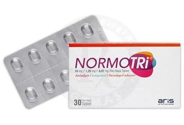 NORMOTRI 10 MG/1,25 MG/4,07 MG FILM KAPLI TABLET (30 TABLET) ambalajı, film kaplı tablet formunda perindopril + indapamid + amlodipin içerir. Üretici: ALİ RAİF İLAÇ SANAYİ A.Ş.