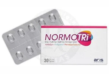 NORMOTRI 5 MG/1,25 MG/4,07 MG FILM KAPLI TABLET (30 TABLET) kutusu. Perindopril + indapamid + amlodipin içeren film kaplı tablet. Üretici: ALİ RAİF İLAÇ SANAYİ A.Ş.