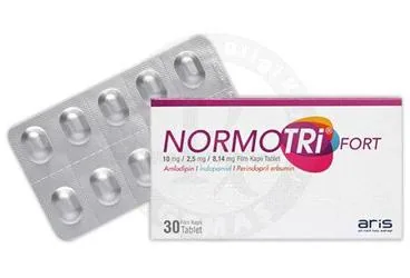 NORMOTRI FORT 10 MG/2,5 MG/8,14 MG FILM KAPLI TABLET (perindopril + indapamid + amlodipin) ürün ambalajı, film kaplı tablet. Üretici: ALİ RAİF İLAÇ SANAYİ A.Ş.
