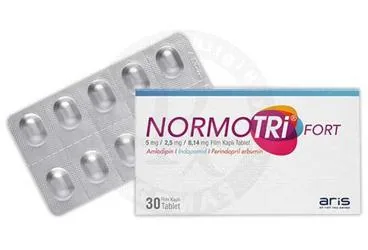 NORMOTRI FORT 5 MG/2,5 MG/8,14 MG FILM KAPLI TABLET (perindopril + indapamid + amlodipin) kutusu, film kaplı tablet. Üretici: ALİ RAİF İLAÇ SANAYİ A.Ş.