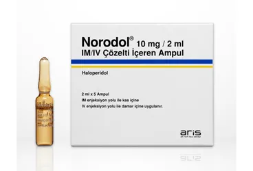 NORODOL 10 MG/2 ML IM/IV COZELTI ICEREN 5 AMPUL ürün ambalajı. Haloperidol içeren çözelti. Üretici: ALİ RAİF İLAÇ SANAYİ A.Ş.