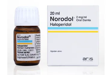 Haloperidol içeren damla: NORODOL 2 MG/ML ORAL DAMLA (20 ML) ambalajı. Üretici: ALİ RAİF İLAÇ SANAYİ A.Ş.