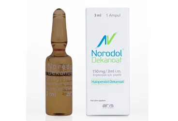 NORODOL DEKANOAT 150 MG/3 ML IM ENJ. ICIN COZELTI (3 ML, 1 AMPUL) kutu fotoğrafı, çözelti formunda haloperidol içerir. Üretici: ALİ RAİF İLAÇ SANAYİ A.Ş.