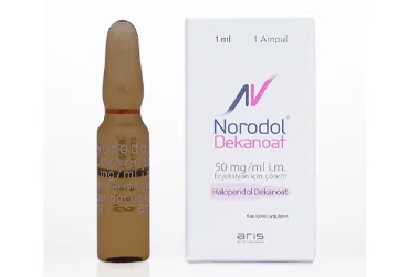 NORODOL DEKANOAT 50 MG/ML IM ENJ. ICIN COZELTI 1 ML 1 AMPUL kutusu, çözelti formunda haloperidol içerir. Üretici: ALİ RAİF İLAÇ SANAYİ A.Ş.