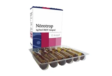 Pirasetam içeren ampul: NOROTROP 1 GR/5 ML IM/IV 12 AMPUL ürün ambalajı. Üretici: İLSAN İLAÇ VE HAMMADDELERİ SANAYİ TİCARET ANONİM ŞİRKETİ.
