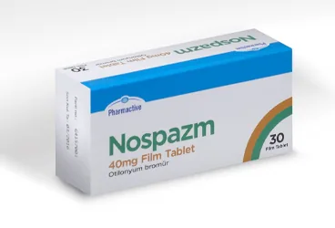 NOSPAZM 40 MG FILM KAPLI TABLET (30 FILM KAPLI TABLET) ambalajı. Otilonyum bromür içeren film kaplı tablet. Üretici: HUMANİS SAĞLIK ANONİM ŞİRKETİ.