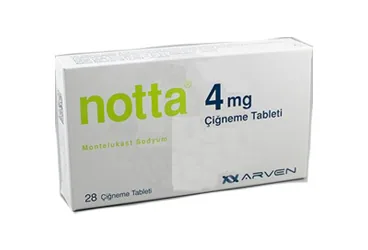 NOTTA 4 MG 28 CIGNEME TABLETI ambalajı. Montelukast sodyum içeren çiğneme tableti. Üretici: SANOVEL İLAÇ SANAYİ VE TİCARET ANONİM ŞİRKETİ.