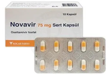 NOVAVIR 75 MG SERT KAPSUL (10 ADET) kutu fotoğrafı. Oseltamivir fosfat içeren kapsül. Üretici: KOÇAK FARMA İLAÇ VE KİMYA SANAYİ A.Ş.