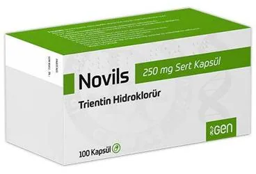 NOVILS 250 MG SERT KAPSUL ambalajı, kapsül formunda trientin içerir. Üretici: GEN İLAÇ VE SAĞLIK ÜRÜNLERİ SAN.VE TİC. A.Ş.