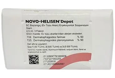 NOVO-HELISEN DEPOT SC BASLANGIC (EV TOZU AKARI) ENJEKSIYONLUK SUSPANSIYON ürün ambalajı, süspansiyon formunda allerjen ekstratı içerir. Üretici: ALLERGO İLAÇ DIŞ TİCARET ANONİM ŞİRKETİ.