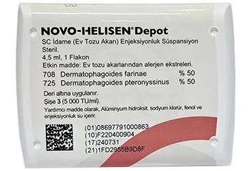 NOVO-HELISEN DEPOT SC IDAME (EV TOZU AKARI) ENJEKSIYONLUK SUSPANSIYON (allerjen ekstratı) ambalajı, süspansiyon. Üretici: ALLERGO İLAÇ DIŞ TİCARET ANONİM ŞİRKETİ.