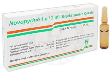 Metamizol sodyum içeren ampul: NOVOPYRINE 1 GR/2 ML 10 AMPUL ürün ambalajı. Üretici: OSEL İLAÇ SANAYİ VE TİCARET ANONİM ŞİRKETİ.