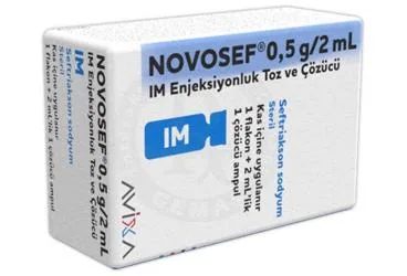 NOVOSEF 0,5 G /2 ML IM ENJEKSIYONLUK TOZ VE COZUCU kutu fotoğrafı. Seftriakson içeren enjeksiyonluk ürün. Üretici: AVİXA İLAÇ SANAYİ VE TİCARET ANONİM ŞİRKETİ.