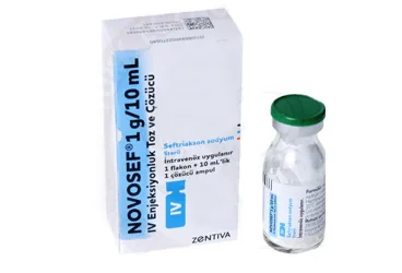 Seftriakson içeren flakon: NOVOSEF 1000 MG IM 1 FLAKON ürün ambalajı. Üretici: SANOFİ İLAÇ SANAYİ ve TİC. A.Ş.