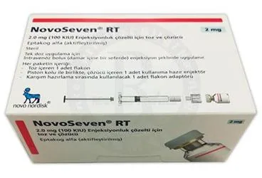 NOVOSEVEN RT 2 MG ENJ. COZELTI ICIN TOZ VE COZUCU ambalajı. Koagülasyon faktör 7a rekombinant içeren çözelti. Üretici: NOVO NORDISK SAĞLIK ÜRÜNLERİ TİCARET LİMİTED ŞİRKETİ.