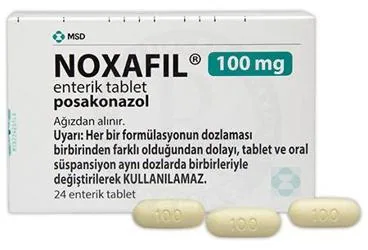 NOXAFIL 100 MG 24 ENTERIK TABLET ürün ambalajı. Posakonazol içeren tablet. Üretici: MERCK SHARP DOHME İLAÇLARI LTD. ŞTİ.