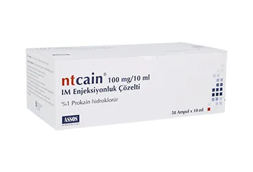 NTCAIN 100 MG/10 ML IM AMPUL, 10 ADET ürün ambalajı. Prokain hidroklorür içeren ampul. Üretici: ASSOS İLAÇ KİMYA GIDA ÜRÜNLERİ ÜRETİM VE TİC. A.Ş.