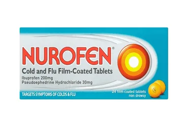 NUROFEN COLD & FLU 200 MG/30 MG FILM KAPLI TABLET(24 TABLET) kutusu. Psödoefedrin kombinasyon içeren film kaplı tablet. Üretici: RECKITT BENCKISER TEMİZLİK MALZEMESİ SANAYİ VE TİCARET ANONİM ŞİRKETİ.