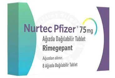 Rimegepant içeren tablet: NURTEC PFIZER 75 MG AGIZDA DAGILABILIR TABLET (8 ADET) kutusu. Üretici: PFİZER PFE İLAÇLARI ANONİM ŞİRKETİ.
