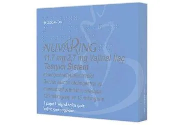 NUVARING 11,7 MG/2,7 MG VAJINAL ILAC TASIYICI SISTEM ambalajı. Etkin maddesi estradiol - etonogestrel - vajinal. Üretici: ORGANON TURKEY İLAÇLARI LİMİTED ŞİRKETİ.