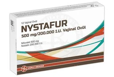 NYSTAFUR 500 MG/200.000 I.U. VAJINAL OVUL (12 OVUL) ürün ambalajı, ovül formunda nifuratel + nistatin içerir. Üretici: WORLD MEDICINE İLAÇ SAN. VE TİC. A.Ş.