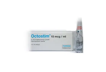 Desmopressin içeren çözelti: OCTOSTIM 15 MCG/ML IV/SC ENJEKSİYON İÇİN ÇÖZELTİ İÇEREN 1 AMPUL ürün ambalajı. Üretici: FERRİNG İLAÇ SANAYİ VE TİCARET LTD. ŞTİ.