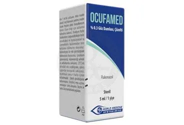 Flukonazol -oftalmik içeren göz damlası: OCUFAMED % 0.3 GOZ DAMLASI, COZELTI (5 ML, 1 SISE) ürün ambalajı. Üretici: WORLD MEDICINE OPHTHALMICS İLAÇLARI LİMİTED ŞİRKETİ.